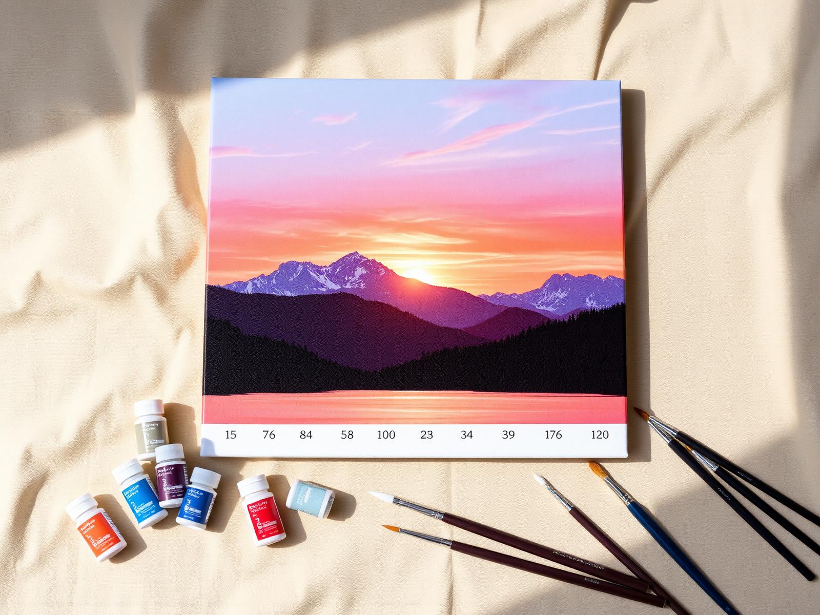 A sunset mountain landscape paint by number canvas with numbered paint pots and fine brushes