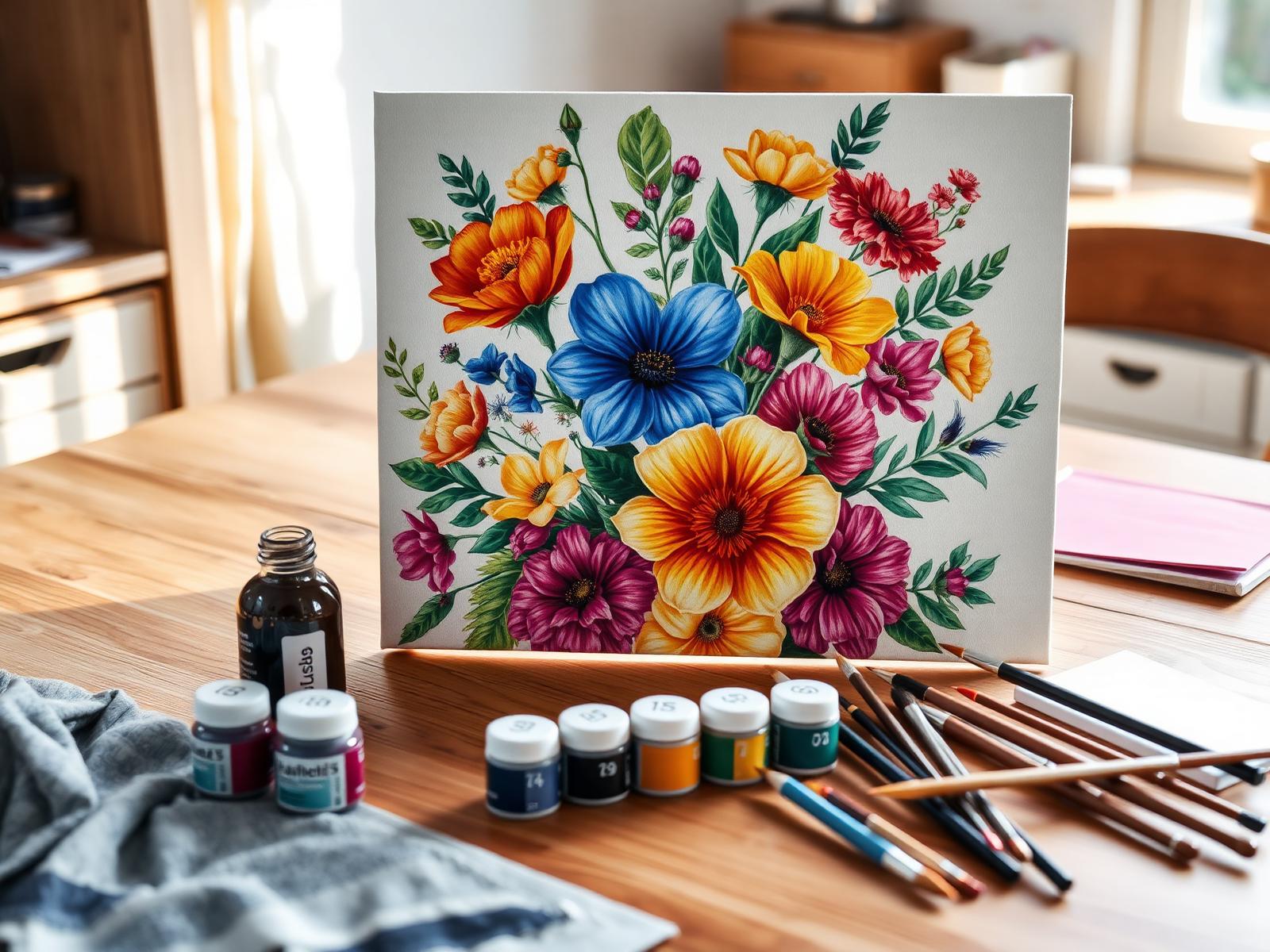 A vibrant floral paint by number canvas with numbered acrylics and brushes on a craft table