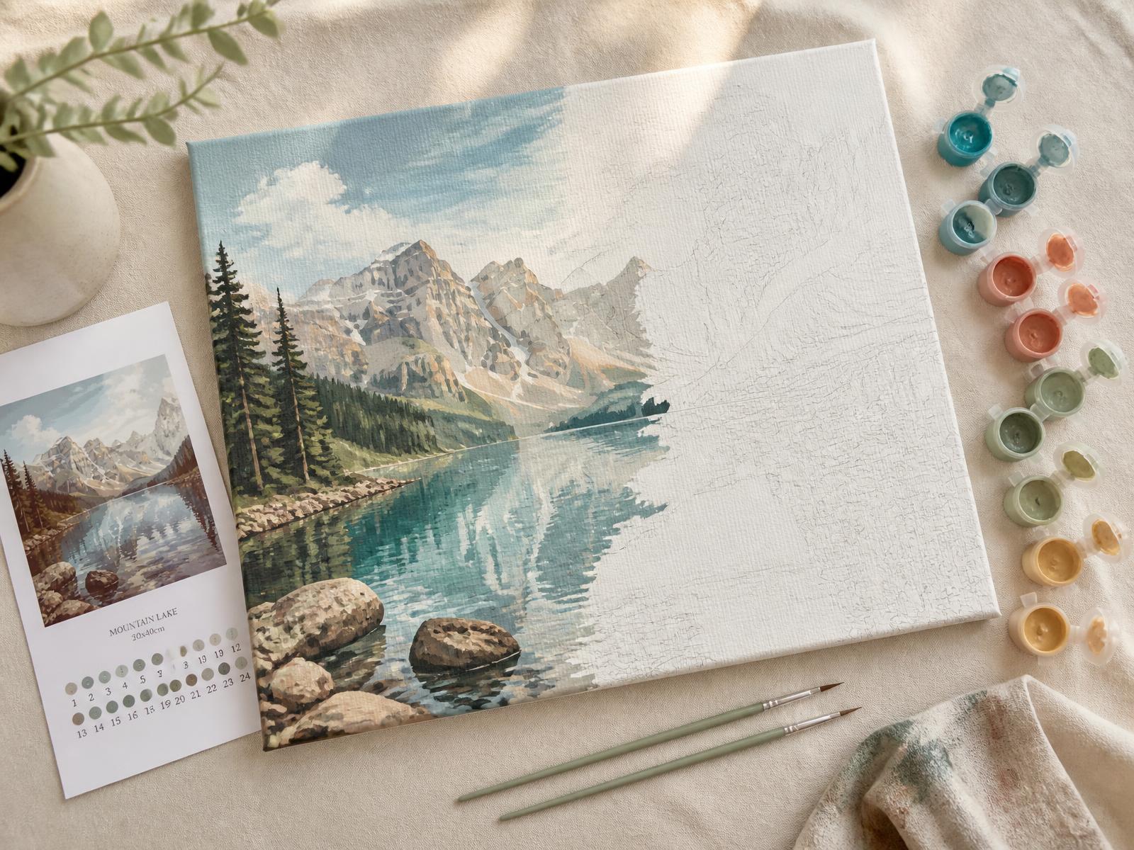 A half-finished paint by number canvas of a mountain lake surrounded by paint pots and brushes